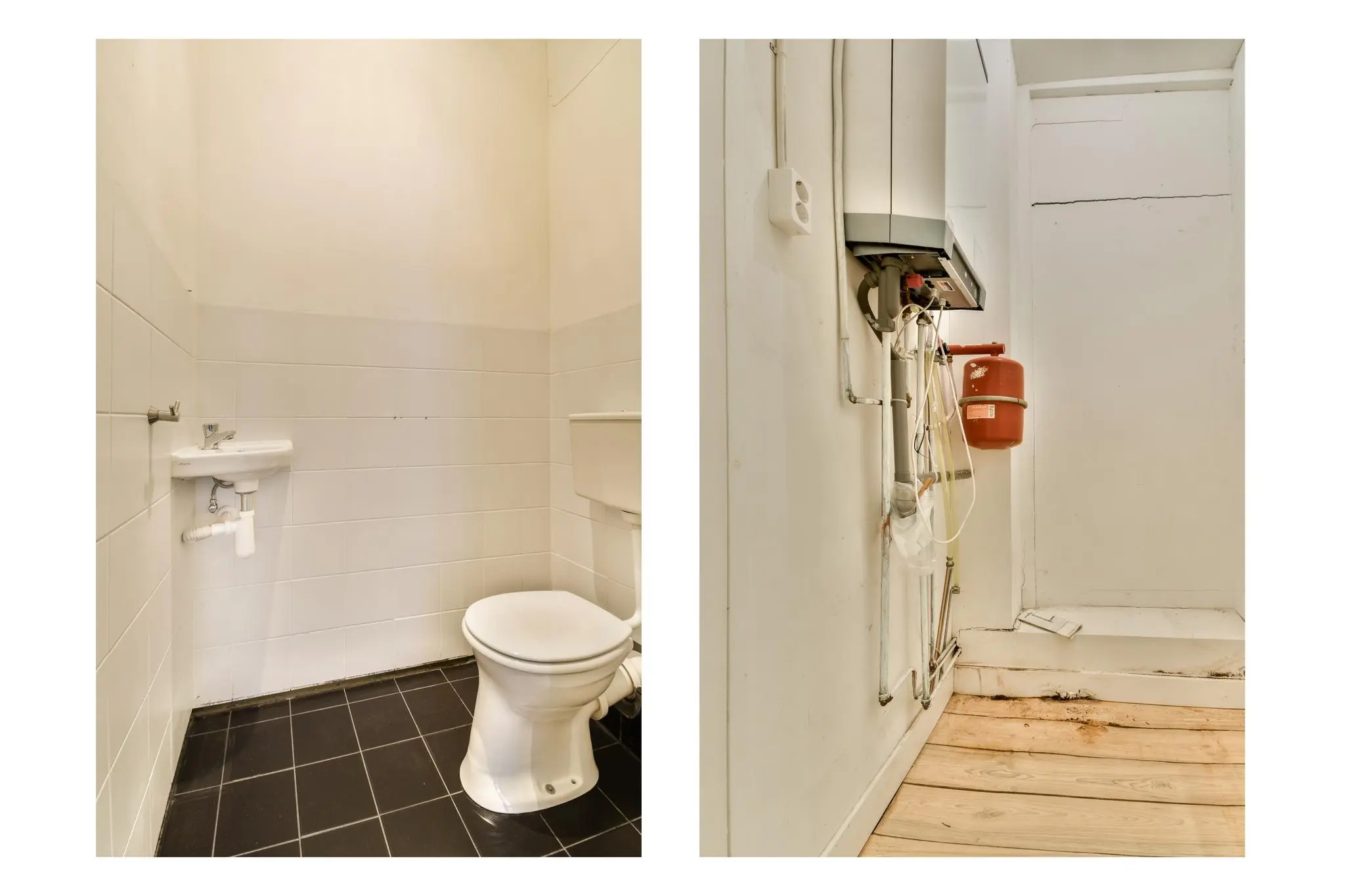 Twee foto's van een woning aan de Korte Schimmelstraat: links een eenvoudig toilet met witte tegels en zwart vloertje, rechts een technische ruimte met cv-installatie en leidingen.